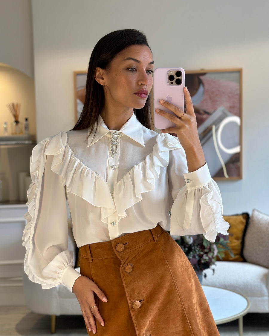 Miu Miu White Silk Blend Long Sleeve Blouse with Ruffle and 