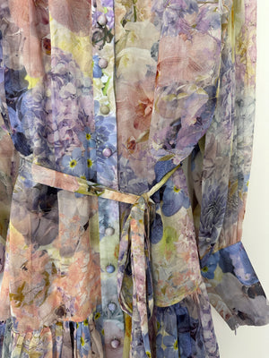 Zimmermann Blue and Pink Floral Print Sheer Rhythmic Lantern Mini Dress with Tie Belt Size 4 (UK 16)