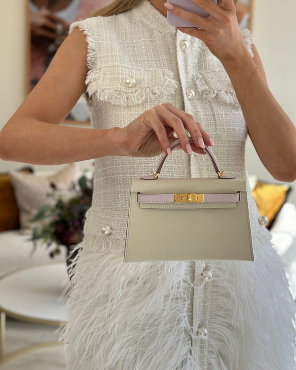 *HOT* Hermès Mini Kelly Bag HSS II 20cm in Craie & Mauve Epsom Leather with Gold Hardware