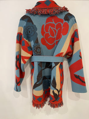 Alanui Red, Blue & Cream Belted Cashmere Jacquard Cardigan Size S (UK 8)