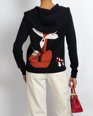 Loro Piana Navy Baby Cashmere Ribbed Long-Sleeved Hooded Gilet with Mushrooms and Fox Print Size IT 40 (UK 8)