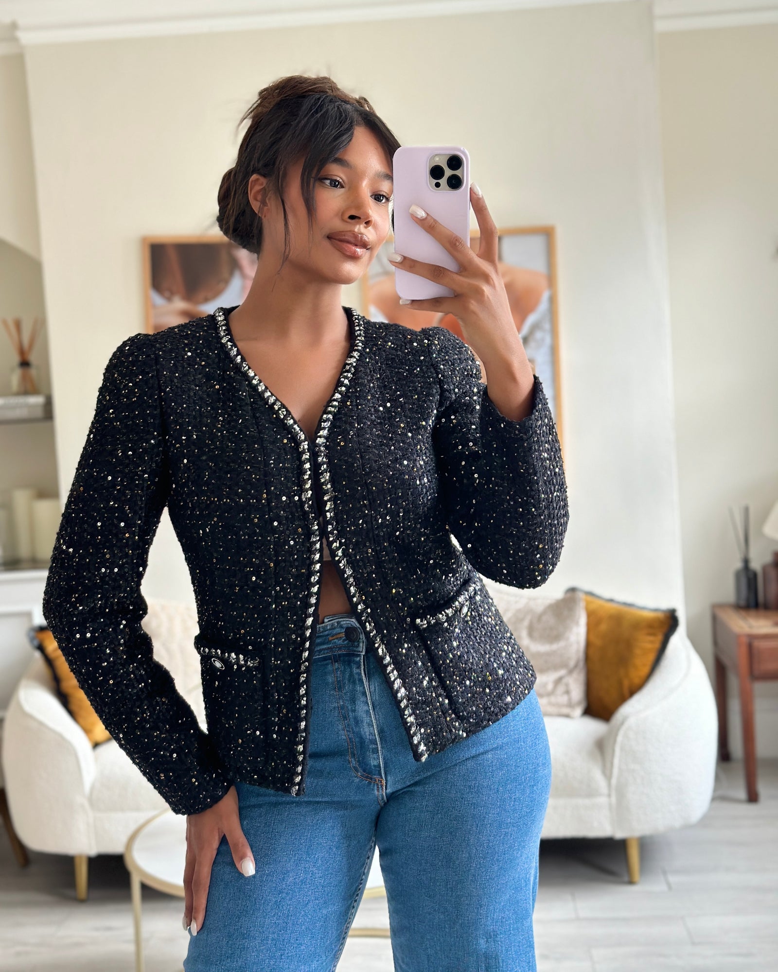 美品✨CHANEL シルクジャケット　44 ブラック　ココマーク Chanel SS/2022 Black Sequin Jacket with Pocket Detail FR 44