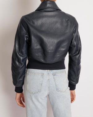 Bottega Veneta Navy Calfskin Leather Jacket with Silver Zipper and Knitted Details Size FR 36 (UK 8) RRP £5,000