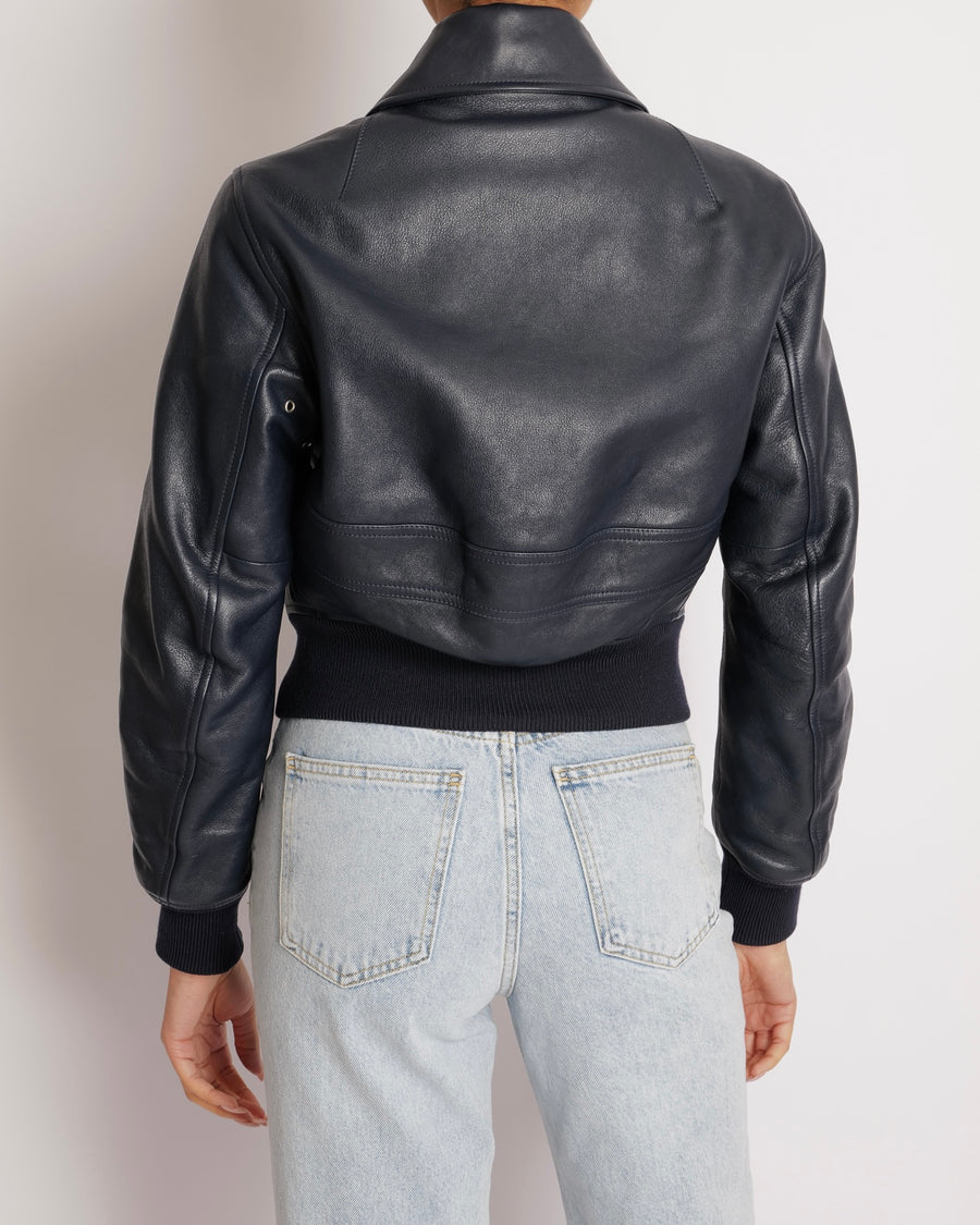 Bottega Veneta Navy Calfskin Leather Jacket with Silver Zipper and Knitted Details Size FR 36 (UK 8) RRP £5,000