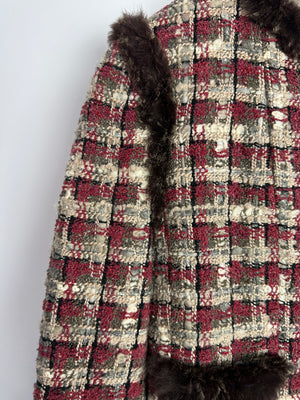Chanel Red, Beige and Grey Tweed Jacket with Rabbit Fur Trim Detail Size FR 36 (UK 8)