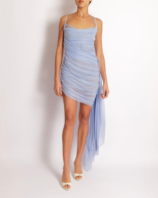 Mugler Light Blue Draped Mini Dress with Rouched Details Size FR 42 (UK 14)