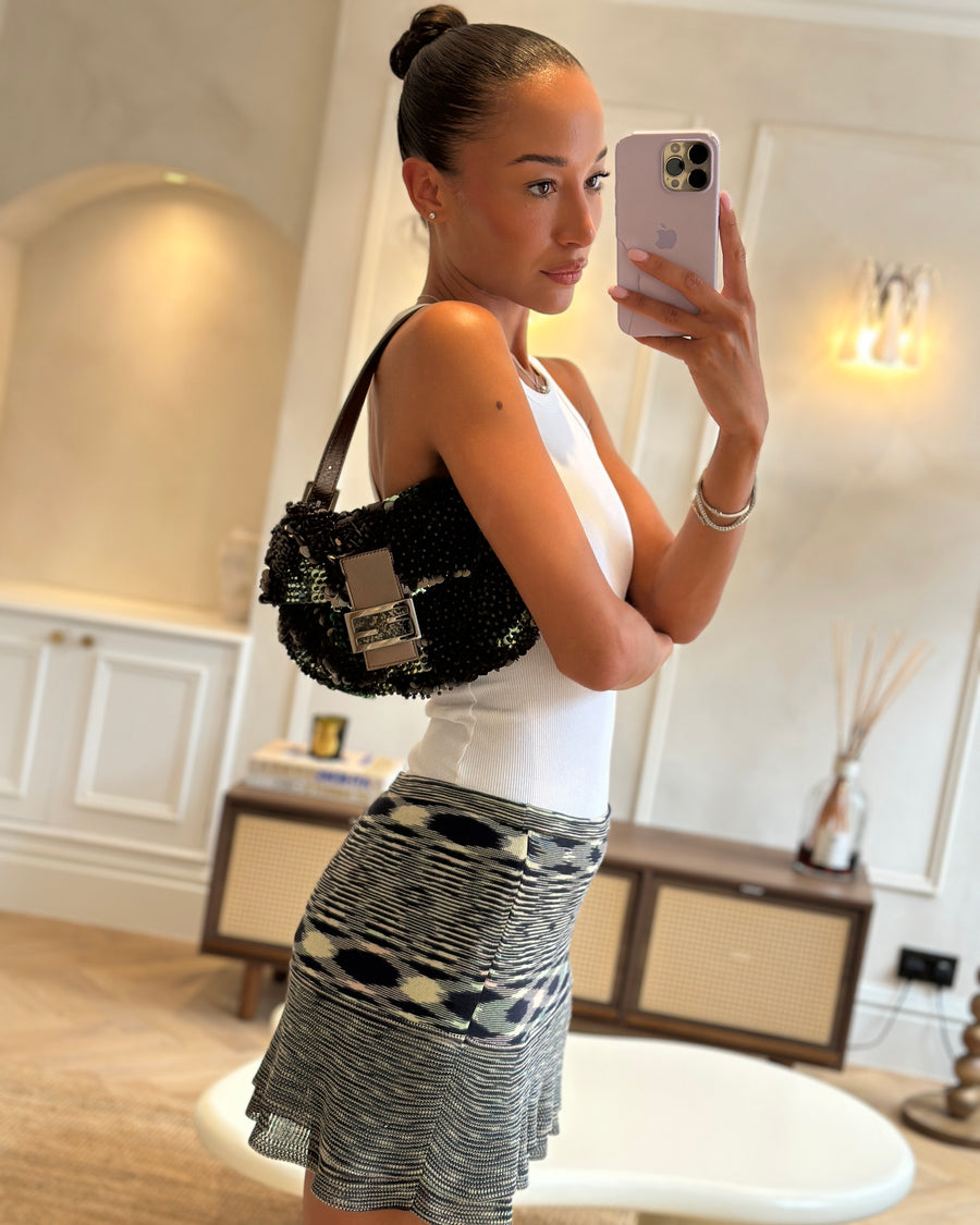 Fendi Green Metallic Sequin Beaded Baguette Bag with Metallic Leather Strap and Ruthenium Aged Hardware