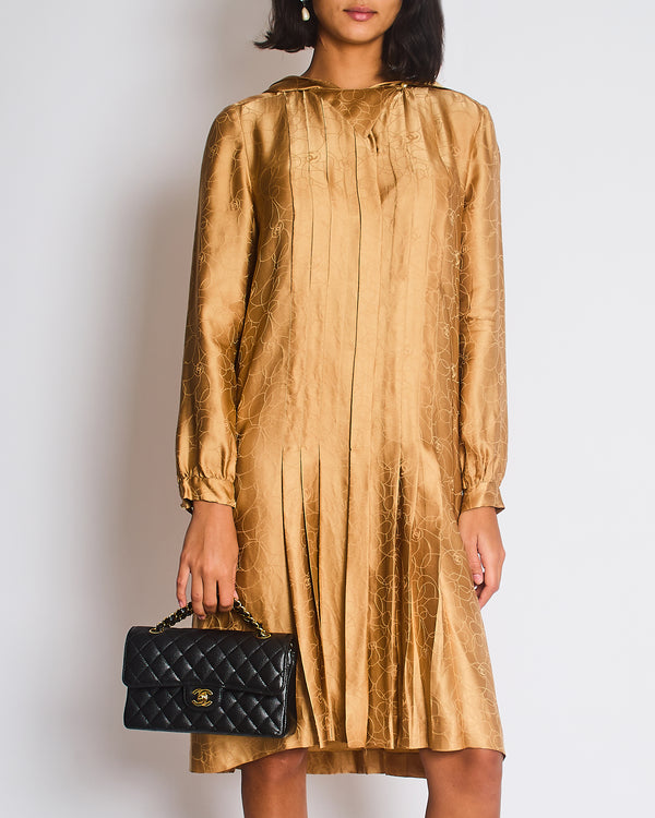 Chanel 01/P Gold Camellia CC Logo Silk Dress with Hood Detail Size FR 40 (UK 12)