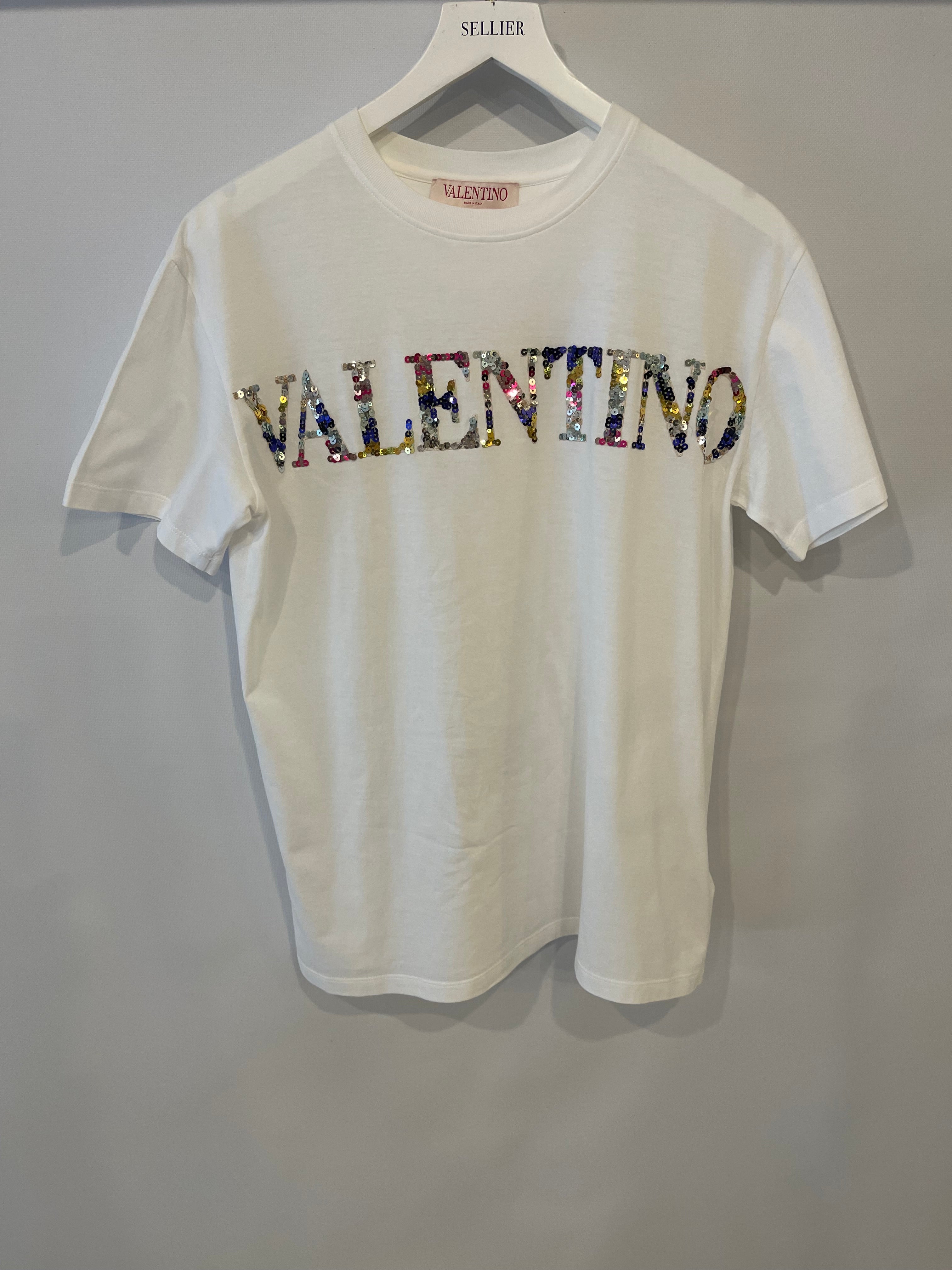 Valentino White T-Shirt with Multicolour Sequin Logo Size XS