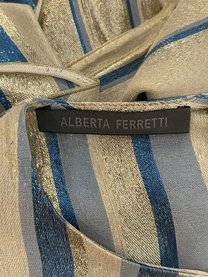 Alberta Ferretti Metallic Blue and Silver Striped Silk Dress Size IT 42 (UK 10)