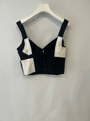 Dolce & Gabbana Black and White Checkered Corset Cropped Top with Floral Embroideries Size IT 42/44 (UK 12/14)