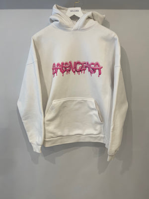 Balenciaga White Hooded Sweater with Pink Logo Size L (UK 10/12) RRP £1,100