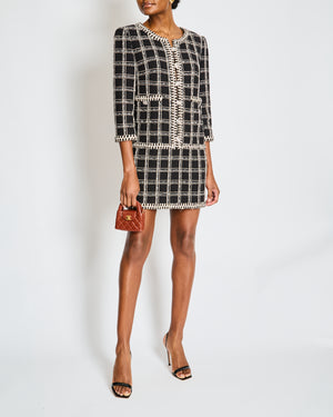 Chanel Cruise 2023 Black and White Tweed Mini Dress with Crystal Contrast Trim and Embellished Buttons Size FR 38 (UK 10)