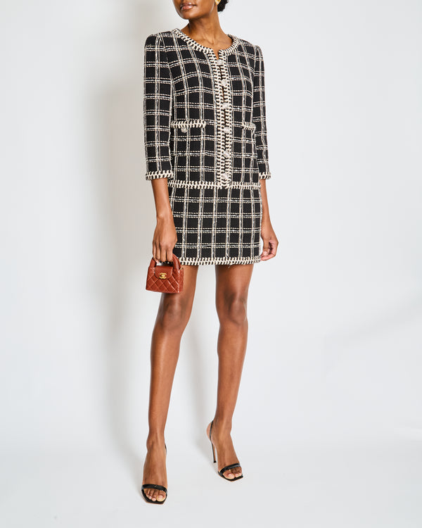 Chanel Cruise 2023 Black and White Tweed Mini Dress with Crystal Contrast Trim and Embellished Buttons Size FR 38 (UK 10)