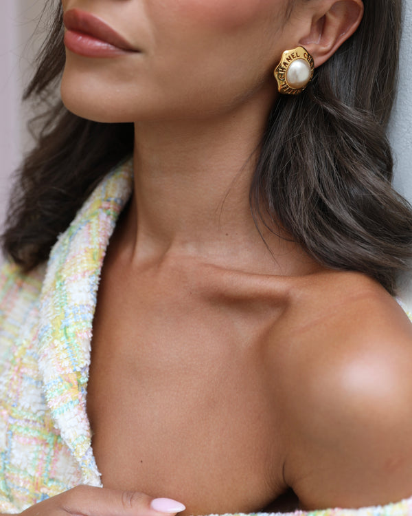 Chanel Vintage Gold Perforated Logo Clip-On Earrings with White Pearl Detail