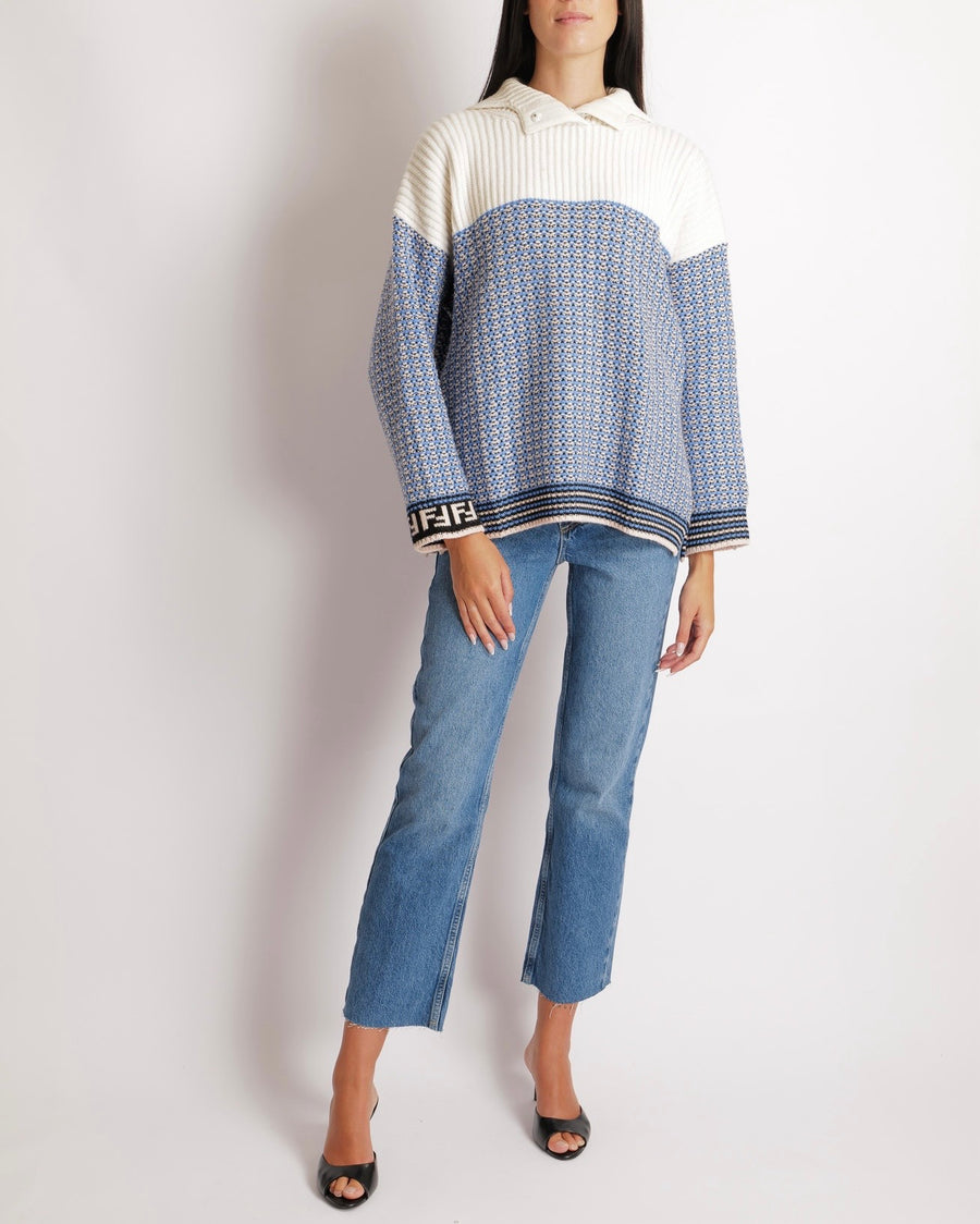 Fendi Blue and Cream Knit Cashmere Jumper with FF Logo Sleeve Details Size IT 38 (UK 6)