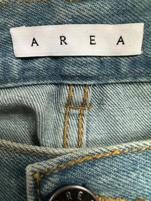 AREA Blue Denim High-Waisted Shorts with Feather Trim Detail Size FR 36 (UK 8)