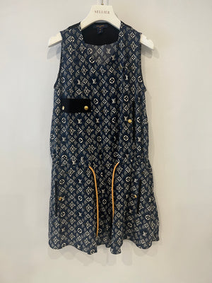 Louis Vuitton Since 1854 Navy Silk Mini Dress with White Monogram and Gold Logo Buttons Size FR 38 (UK 10)
