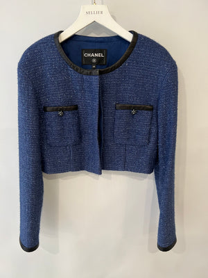 Chanel Cruise 2019 Blue Tweed Cropped Jacket and Trousers Set with CC Logo Buttons and Black Leather Trims Size FR 36/38 (UK 8/10)