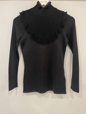 Hermès Black Ruffle Long Sleeve Top with Collar Detail Size FR 34 (UK 6)