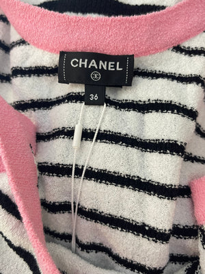 Chanel 24S Black & White Striped Towel Sailor Dress with Pink Trim, CC Logo & Tie Detail Size FR 36 (UK 8)