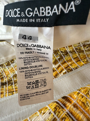 Dolce & Gabbana Yellow Majolica Print Midi Dress with Pleat Detail Size IT 44 (UK 12)