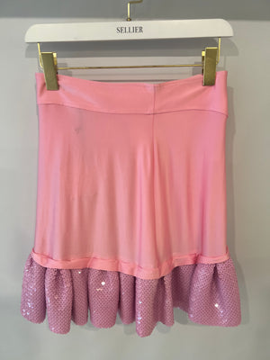 Paco Rabanne Pink Mini Skirt with Sequined Pleated Hem and Gold Buttons Detail Size FR 36 (UK 8)