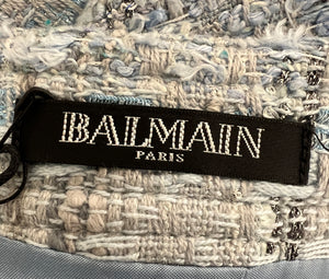 Balmain Sky Blue Tweed Mini Skirt with Ruffles Silver Buttons Detail Size FR 38 (UK 10)