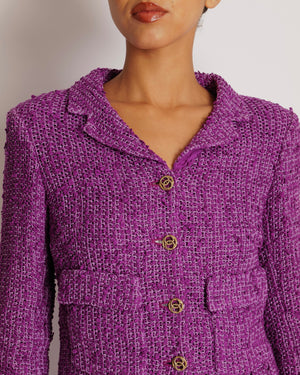 Chanel Cruise 2021 Purple Tweed Jacket and Mini Skirt Set with Gold Glitter CC Button Details Size FR 34/36 (UK 6/8)