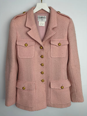Chanel 96/A Vintage Pastel Pink Tweed Jacket with Gold Gripoix Buttons and Pocket Details FR 38 (UK 10)