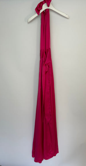 Harmur Silk Fuchsia Maxi Dress with Crystal Neck Detail Size S (UK 8)