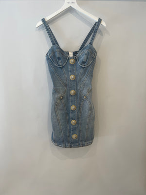 Balmain Denim Mini Dress with Silver and Gold Buttons Size FR 36 (UK 8)