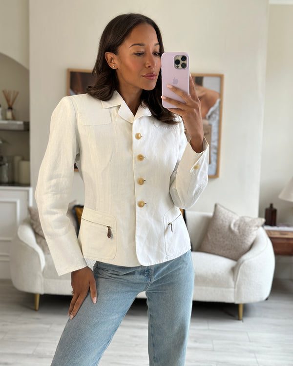 Hermes White Linen Blazer Jacket with Pocket Details Size FR 40 (UK 12)