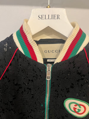 Gucci Black Lace Bomber Jacket with White, Red and Green Knitted Collar and Cuffs and GG Logo Detail Size IT 38 (UK 6)