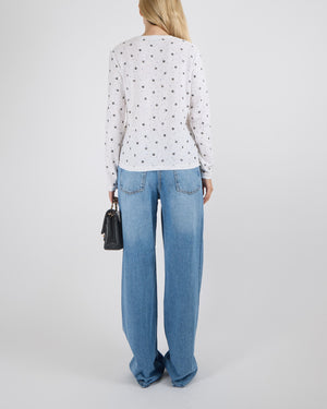 Chanel SS 2020 Runway White Knit Long-Sleeved Top with Black CC Logos and Multi-Colour Micro Sequin Embellishments Size FR 36 (UK 8)