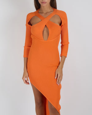 David Koma Orange Ribbed Asymmetric Maxi Dress with Front Cut-Out and Side Slit Size UK 8 RRP £800