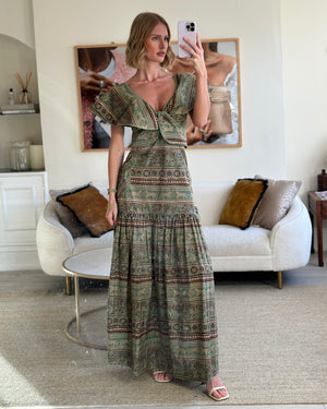 Johanna Ortiz Green and Pink Abstract Print Maxi Dress with Embellished Detail Size US 4 (UK 8)