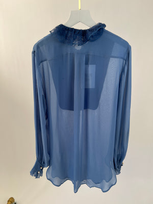 Lanvin Blue Lace Collar Pearl Shirt with Matching Skirt FR 38/40 (UK 10/12)