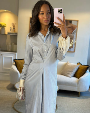 Loewe Blue & White Striped Longline Shirt Dress with Crochet Tassel Sleeve Detail Size FR 34 (UK 6)