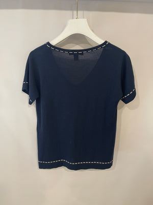 Louis Vuitton Navy Cashmere V-Neck Top with Cream Stitching Details Size XS (UK 6)