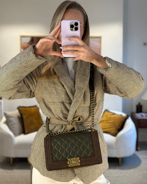 Chanel Brown and Khaki Green Medium Boy Bag In Calfskin Leather and Suede with Antique Gold Hardware
