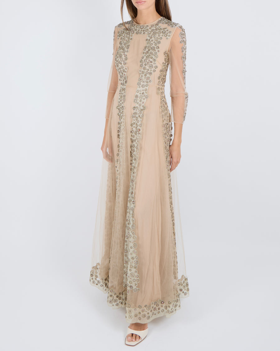 Valentino Beige Tulle Long-Sleeved Gown with Grey Panels and Silver and Multi-Colour Crystal Embellishments Size IT 38 (UK 6)