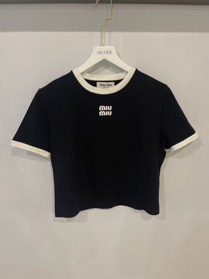 Miu Miu Black Cotton Jersey T-Shirt with Embroidered Logo Size M (UK 10) RRP £590