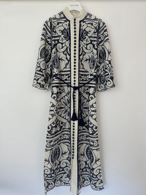 Zimmermann White and Blue Embroidered Midi Dress with Belt Size 0 (UK 8)