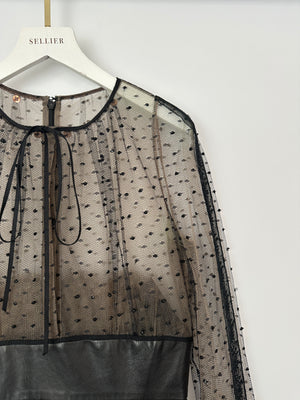 Valentino Black Long Sleeve Lace See Through Mini Dress with Leather Skirt Detail Size IT 40 (UK 8)
