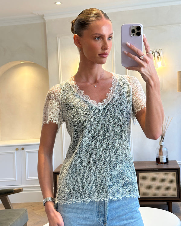 Chanel White and Black Lace Short Sleeve Top with Black CC Logo Detail Size FR 38 (UK 10)