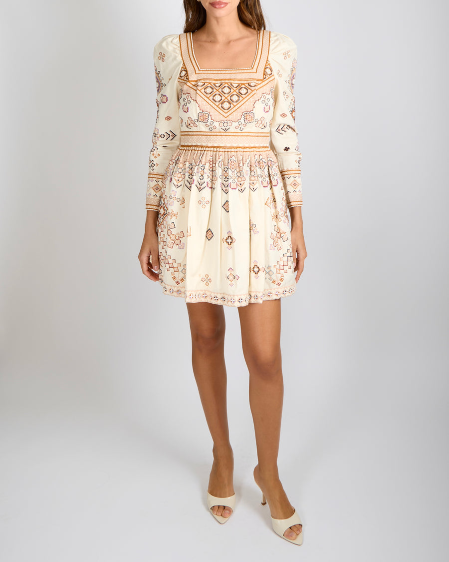 Ulla Johnson Cotton and Linen Blend Embroidered Adilah Mini Dress in Ochre Size 0 (UK 4-6)