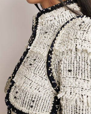 Chanel Fall 2017 White and Black Tweed Long Jacket with Black and White Pearl Embellishments and Front Pocket Details Size FR 36 (UK 8)