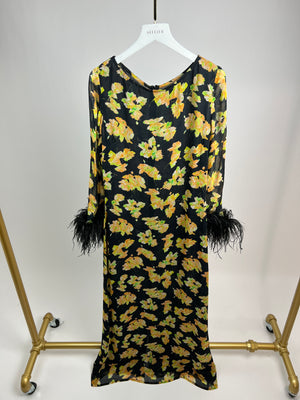 De La Vale Black and Orange Floral Print Sheer Maxi Dress with Feather Cuffs Size UK 10