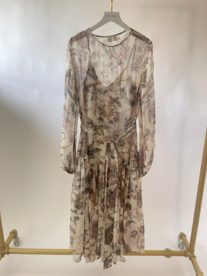 Zimmermann Cream and Brown Floral Print Silk Midi Dress with Belt and Slip Size 1 (UK 10)
